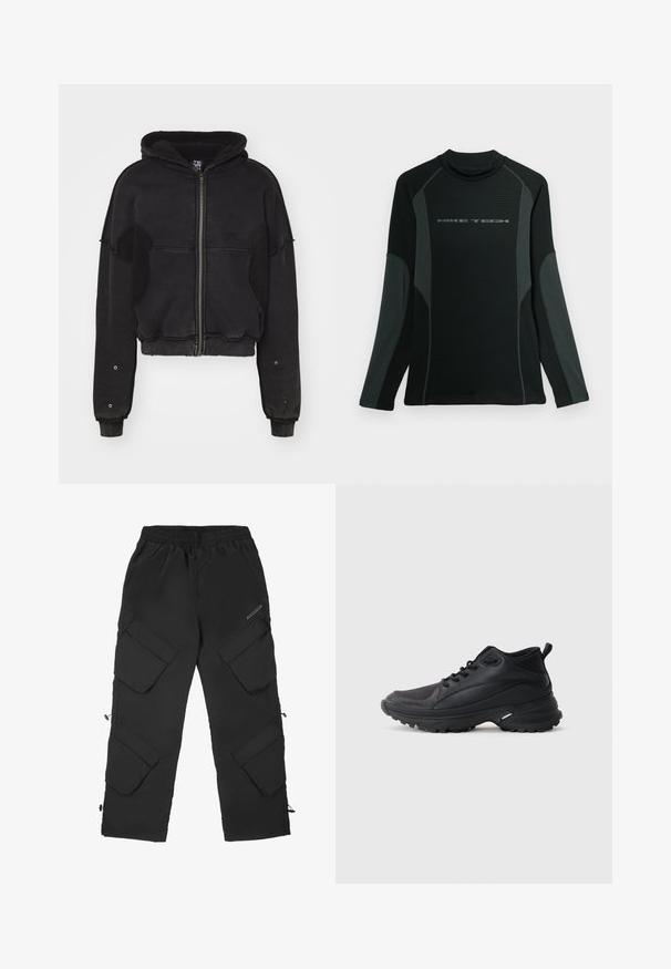 Atelier de roupa SNUG JACKET UNISEX - Flísová bunda - black; Čierna polokošeľa s dlhým rukávom a vysokým golierom, vyrobená z textúrovaného materiálu. Má sivé bočné panely a logo "NIKE TECH" na hrudi.; Čierne cargo nohavice vyrobené z ľahkého, textúrovaného materiálu. Majú elastický pás, viacero veľkých vreciek a nastaviteľné manžety.; Čierne športové topánky vyrobené zo syntetického materiálu. Majú polstrovaný golier, okrúhlu špičku, pevný podrážku s trakciou a detail loga značky.