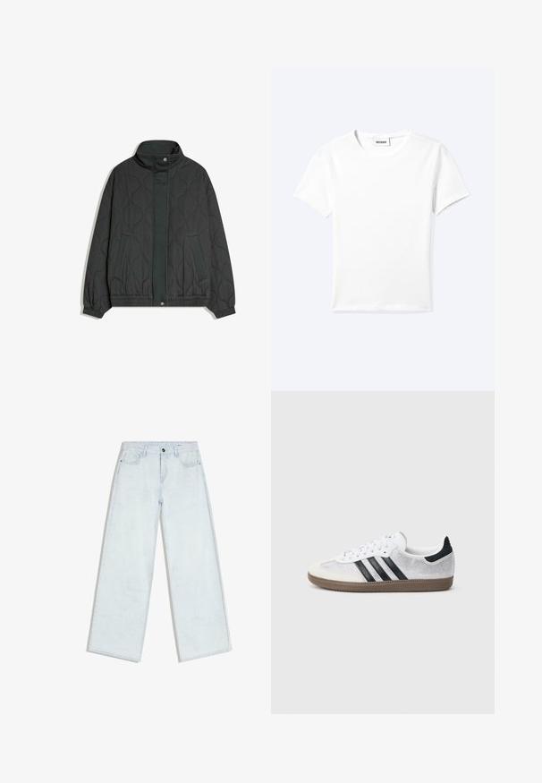 Veste matelassée gris foncé avec col haut, boutons-pression à l'avant, deux poches latérales, poignets et ourlet élastiqués.; T-shirt blanc uni à manches courtes et col rond avec une petite étiquette "WEEKDAY" à l'intérieur de l'encolure, présenté à plat sur un fond clair.; Jean bleu clair à jambes larges avec fermeture à boutons et fermeture éclair sur le devant, passants pour ceinture et style cinq poches, posé à plat sur un fond blanc.; Baskets en mesh blanc avec des rayures noires, un embout en daim beige et un accent sur le talon, semelle en caoutchouc texturée, et lacets blancs. Design classique à tige basse.