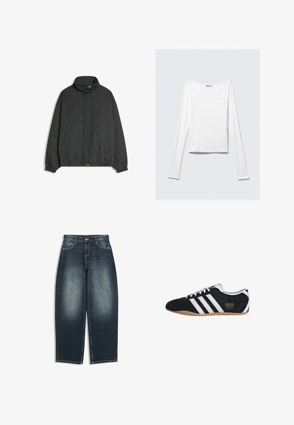 Veste matelassée gris foncé avec col haut, boutons-pression à l'avant, deux poches latérales, poignets et ourlet élastiqués.; Haut blanc à manches longues avec un design croisé et une poche. Fabriqué dans un tissu lisse et extensible. Coupé dans une coupe décontractée et ample.; Jean bleu foncé à jambes larges avec légère décoloration sur l’avant des cuisses, cinq poches, fermeture par bouton et passants de ceinture, présenté à plat sur fond blanc.; Sneakers en suede noir avec trois bandes blanches, logo doré et semelle en caoutchouc marron. Présente un design à lacets à profil bas.