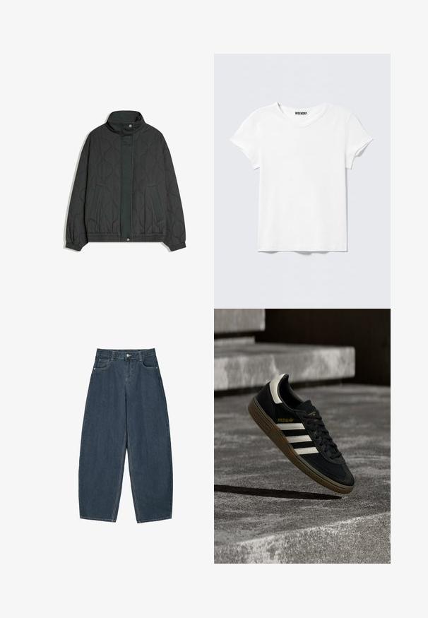 Veste matelassée gris foncé avec col haut, boutons-pression à l'avant, deux poches latérales, poignets et ourlet élastiqués.; T-shirt blanc uni à manches courtes avec col en V et une petite étiquette "WEEKDAY" à l'intérieur du col, présenté sur un fond gris clair.; Jeans en denim bleu foncé à jambes larges avec une taille haute, dotés de cinq poches et de détails de couture visibles. Design épuré et minimal.; Baskets Adidas noires avec des bandes blanches et une semelle en gomme flottant au-dessus d'escaliers en béton gris sous une lumière naturelle.