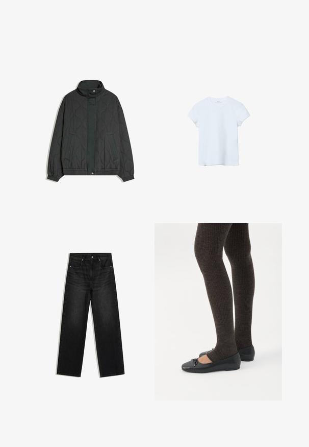 Veste matelassée gris foncé avec col haut, boutons-pression à l'avant, deux poches latérales, poignets et ourlet élastiqués.; T-shirt uni bleu clair à manches courtes et col rond, étalé à plat sur un fond blanc.; Jean denim noir à jambes droites avec poches avant, passants de ceinture et fermeture par bouton, présenté sur fond blanc.; Jambes portant des leggings côtelés foncés associés à des ballerines noires avec de petits détails en nœud sur fond blanc.