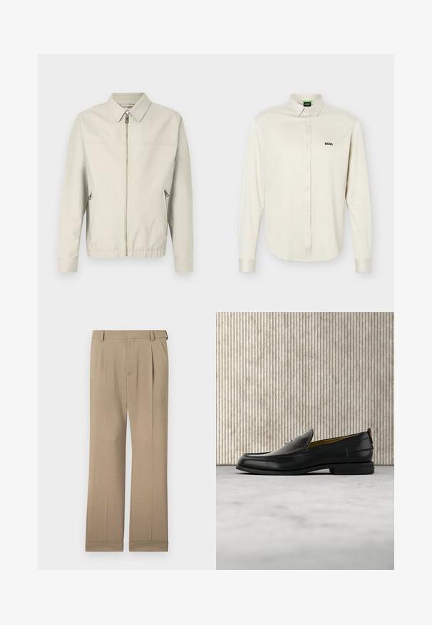Svetlošedá bomber bunda so zipsom vpredu, so špicatým golierom, dvoma bočnými vreckami a elastickými manžetami. Hladká látka s jednoduchým, minimalistickým dizajnom.; Biela dlhý rukáv košeľa s golierom a gombíkmi, čierne logo "BOSS" na ľavej strane hrudníka a zapínateľné manžety, zobrazené na jednoduchom pozadí.; Béžové nohavice vyrobené z ľahkej tkaniny, s rovnou nohavicou, dvojitými záhybmi a vyhrnutými manžetami pre uvoľnený strih.; Pánska čierna kožená mokasína so vzorom krokodílej kože na priehlavku a nízkym podpätkom, zobrazená z profilu na neutrálnom pozadí.