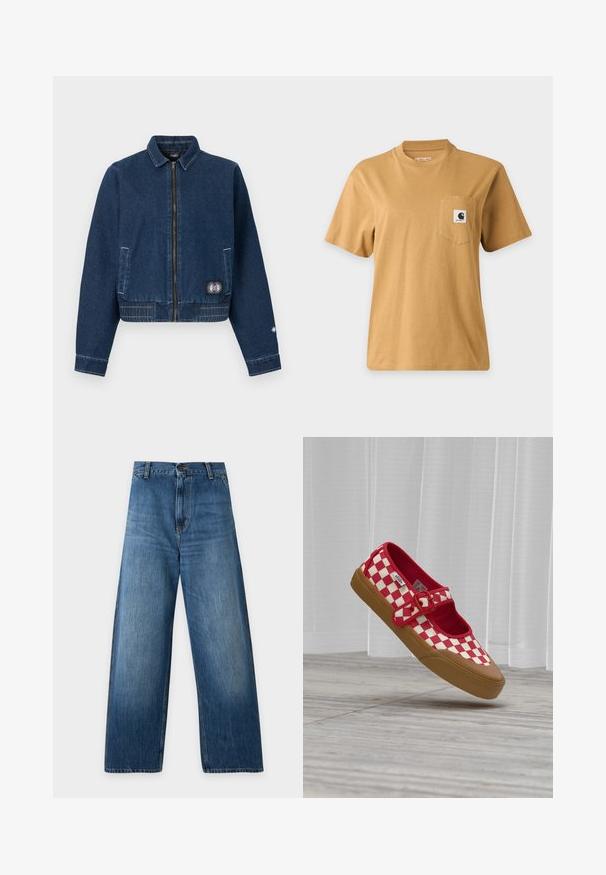 Veste en denim bleu foncé avec fermeture éclair à l'avant, deux poches latérales, ourlet cousu, et un petit patch soleil près de la poche inférieure droite.; T-shirt marron uni à manches courtes avec une poche poitrine présentant un patch carré avec le logo de la marque, affiché sur un fond clair uni.; Jean en denim bleu à jambes larges, taille haute, fermeture à boutons, passants pour ceinture et légère décoloration sur les cuisses et les genoux.; Chaussure slip-on à damier rouge et blanc avec une semelle en caoutchouc marron et une bride à boucle rouge, flottant au-dessus d'un sol en bois avec des rideaux blancs en arrière-plan.