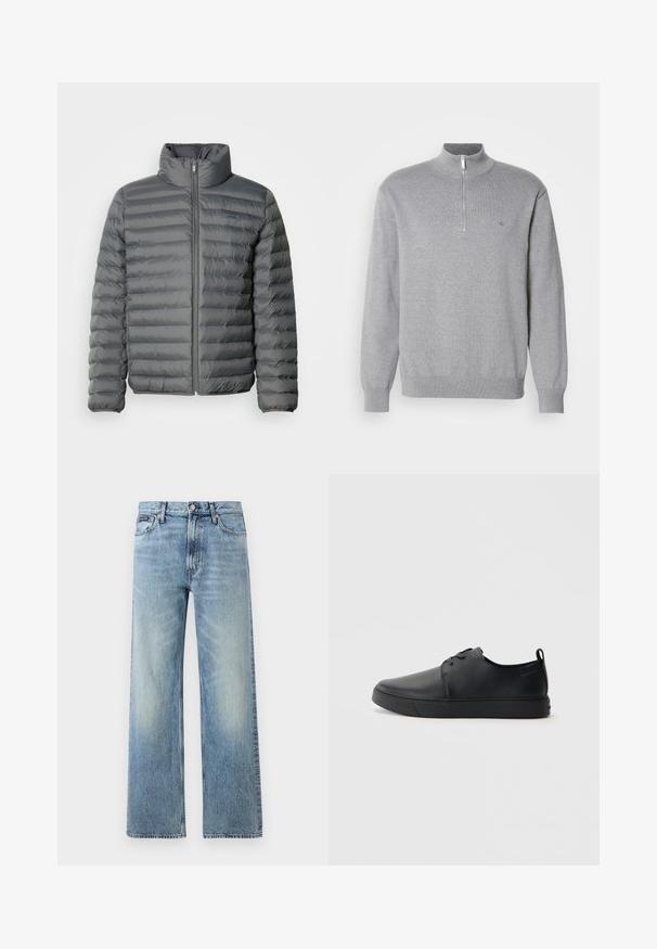 Doudoune grise avec un col haut et des coutures horizontales. Comprend une fermeture éclair sur le devant et un petit logo sur la poitrine gauche. Texture lisse.; Sweat à zip gris avec un col haut, des manches longues et des poignets côtelés. Tissu tricoté avec une texture subtile et un petit logo sur la poitrine.; Jean droit en denim bleu clair avec taille haute, cinq poches, fermeture à boutons et léger délavage sur les cuisses et les genoux.; Baskets en cuir noir avec une finition lisse, bout arrondi, coutures ton sur ton, devant à lacets et semelle plate en caoutchouc. Anse au talon.