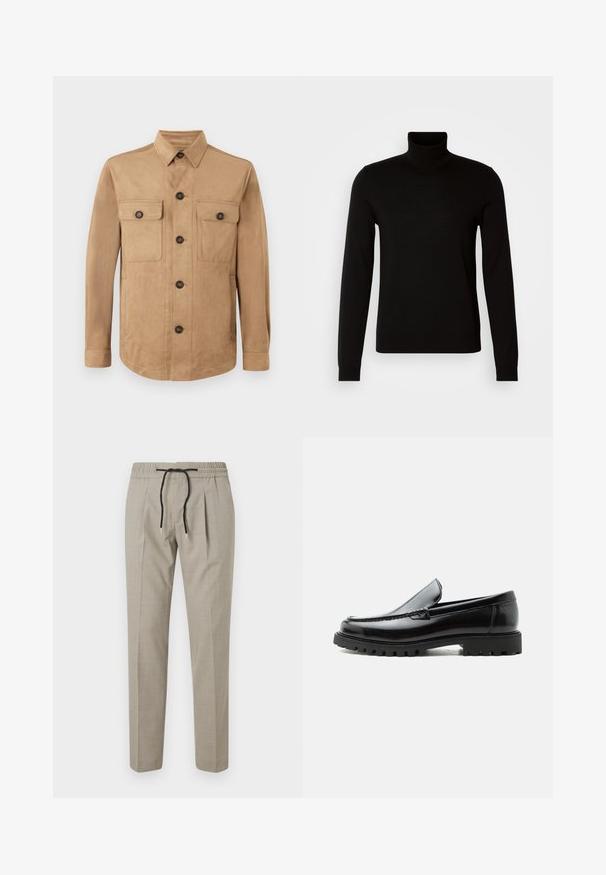 Beige jakke lavet af blødt stof, med knaplukning foran, to klaplommer med knapper og lange ærmer med knapmanchetter.; Sort turtleneck sweater lavet af et fint strikket stof, der har lange ærmer og en tætsiddende silhuet. Glat tekstur med ribbede manchetter.; Lyse beige bukser med en tilpasset pasform, elastisk talje og sort snor. Materialet har en subtil tekstur og detaljer med folder.; Sort læderloafer med chunky gummisål, syet overdel og præget mærkenavn på hælen, vist i sideprofil på hvid baggrund.
