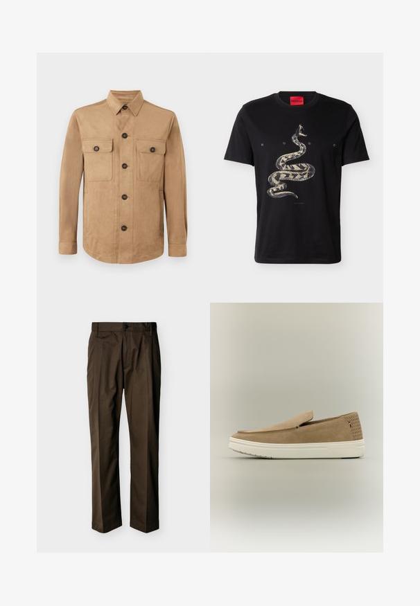 Beige jakke lavet af blødt stof, med knaplukning foran, to klaplommer med knapper og lange ærmer med knapmanchetter.; Sort T-shirt med korte ærmer med et grafisk billede af en sammenrullet slange og teksten "HUGO" spredt ud over brystet under kraveetiketten.; Brune bukser med lige ben, lukning med knap og lynlås, bæltestropper og frontfold, vist på en ensfarvet baggrund.; Beige ruskind slip-on sneaker med hvid gummisål, perforeret hælpanel og lille rød, hvid og blå flagdetalje på siden.