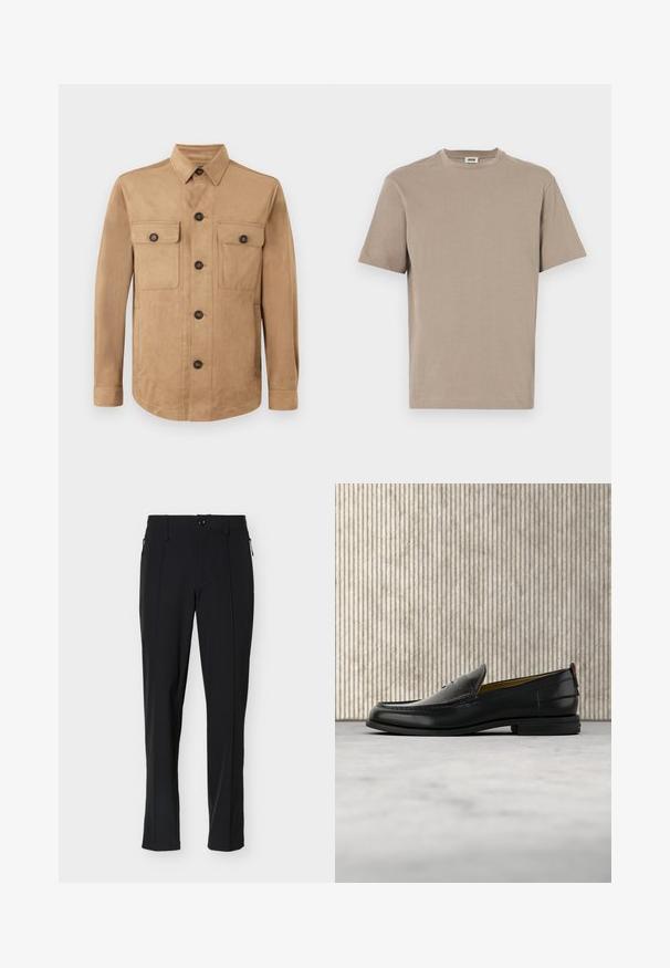 Beige jakke lavet af blødt stof, med knaplukning foran, to klaplommer med knapper og lange ærmer med knapmanchetter.; Beige bomulds t-shirt med rund hals, korte ærmer og lige kant. Glat tekstur, minimalistisk design, ingen synlige grafik eller accenter.; Sorte skræddersyede bukser med slank pasform, frontknap og lynlåslommer i siden, vist mod en hvid baggrund.; Sort læder herreloafer med krokodillepræget forstykke og lav hæl, vist i profil på en neutral baggrund.