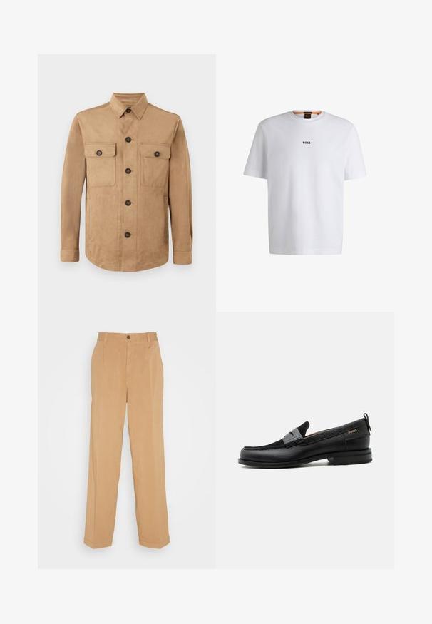 Tan jas gemaakt van zachte stof, met een knoopsluiting aan de voorkant, twee klepzakken met knopen en lange mouwen met knoopsluiting aan de manchetten.; Witte katoenen T-shirt met korte mouwen, voorzien van een zwart "BOSS"-logo in het midden van de borst en een ronde halsontwerp.; Beige wijde broek van zacht materiaal, voorzien van twee voorzakken, een knoopsluiting en plooidetails langs de benen.; Zwarte leren loafer met grijs riemdetailelement, lage hak en gestructureerde zool, aan de zijkant gebrandmerkt met "HUGO" in goud.
