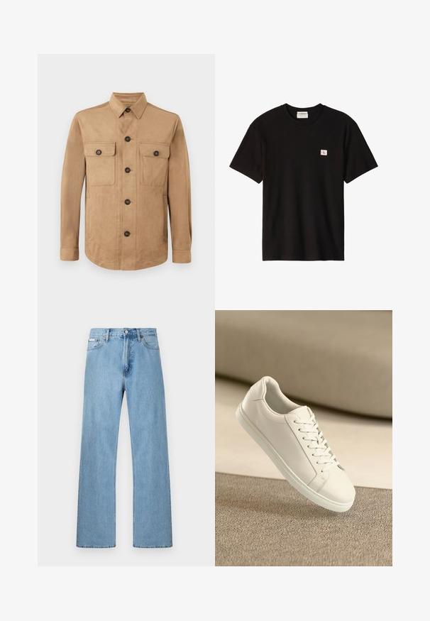 Beige jakke lavet af blødt stof, med knaplukning foran, to klaplommer med knapper og lange ærmer med knapmanchetter.; Sort kortærmet ribstrikket t-shirt med rund halsudskæring og lille hvid firkantet patch med rød "cK" logo på venstre bryst.; Lyseblå straight-leg jeans i denim med fem-lomme-design og knaplukning i taljen, vist mod en ensfarvet baggrund.; Hvide lædersneakers med hvide snørebånd, præsenteret på en beige tekstureret overflade og med en blødt uskarp baggrund.