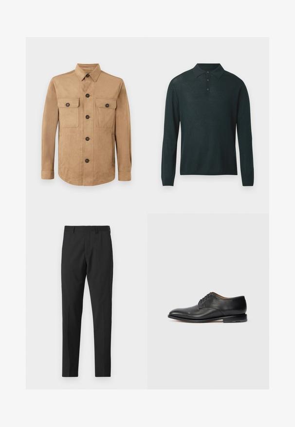 Beige jakke lavet af blødt stof, med knaplukning foran, to klaplommer med knapper og lange ærmer med knapmanchetter.; Mørkegrøn langærmet polo-shirt lavet af blødt stof, med krave og tre knapper, samt et diskret struktureret mønster over hele overfladen.; Sorte skræddersyede bukser med en slank pasform, der har en flad front, skjult lynlås og sidelommer. Fremstillet af glat stof med en diskret glans.; Sort læder Oxford sko med lukket snøring, rund tå og lav hæl på plain hvid baggrund.