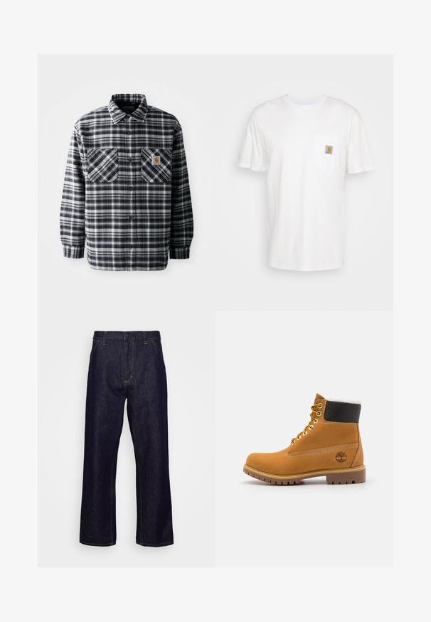 Chemise en flanelle à carreaux noir et blanc avec manches longues, deux poches avant et un écusson carré sur la poche droite. Fermeture à boutons.; T-shirt en coton blanc à manches courtes, avec une poche poitrine et un petit patch logo carré en orange et blanc sur la poche.; Jean en denim droit bleu foncé avec poches avant, passants de ceinture, braguette zippée et fermeture à bouton, présenté sur un fond blanc uni.; Bottine en cuir brun avec œillets en métal, doublure en fourrure blanche, col rembourré noir, semelle robuste et logo en relief sur le côté.