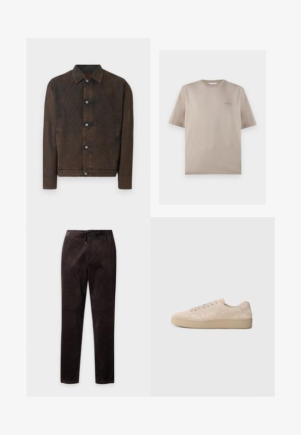 Veste en jean marron foncé avec fermeture à boutons, manches longues et col pointu, présentée sur un fond clair uni.; T-shirt beige à manches courtes et col rond avec petit logo « Tiger of Sweden » sur la poitrine gauche, présenté sur fond blanc.; Pantalon en velours côtelé brun foncé avec taille élastique et cordon, coupe droite, présenté à plat sur fond blanc.; Baskets en daim beige avec un bout rond, des lacets plats et une semelle en caoutchouc texturé. Design minimaliste avec des bords lisses et des coutures discrètes.