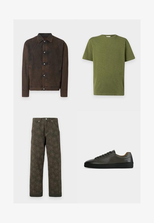 Veste en jean marron foncé avec fermeture à boutons, manches longues et col pointu, présentée sur un fond clair uni.; T-shirt en coton vert olive avec une coupe décontractée, un col rond et des manches courtes. Présente un détail de texte subtil sur le côté gauche à l'avant.; Pantalons vert foncé avec un imprimé floral subtil, boutons à l'avant, poches et ourlets retroussés.; Basket basse en cuir gris foncé avec lacets et semelle noirs, design minimaliste, profil latéral sur un fond clair uni.