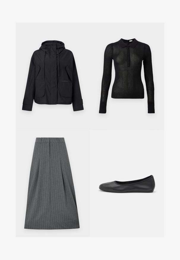 Veste noire à capuche avec poches à rabat à l'avant, cordons de serrage ajustables sur la capuche et bandes auto-agrippantes aux poignets.; Haut en tricot noir à manches longues, ajusté, avec une texture transparente et un col uni, patte de boutonnage à l'avant, présenté sur un fond uni.; Jupe plissée grise avec une ceinture ajustée, motif à rayures verticales et silhouette fluide. Texture lisse et longueur au genou.; Ballerines en cuir noir avec un bout rond, texture lisse, détails de couture minimalistes et design de semelle flexible.