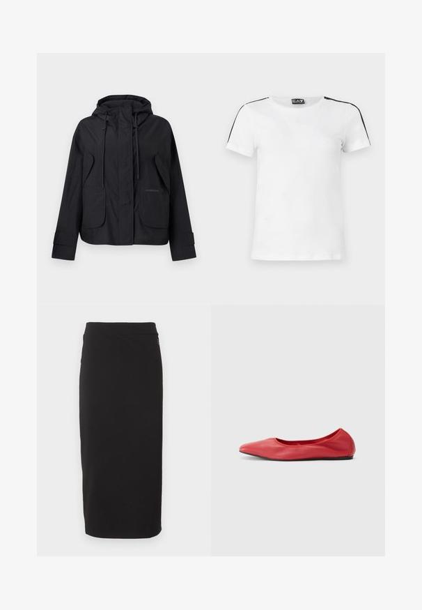 Veste noire à capuche avec poches à rabat à l'avant, cordons de serrage ajustables sur la capuche et bandes auto-agrippantes aux poignets.; T-shirt blanc à manches courtes et col rond avec des rayures noires sur les épaules et le logo EA7 Emporio Armani sur la poitrine et le col intérieur.; Jupe crayon noire mi-genoux avec une silhouette ajustée et une ceinture simple, présentée sur un fond blanc uni.; Filippa K REY FLATS - Ballerines - bright red