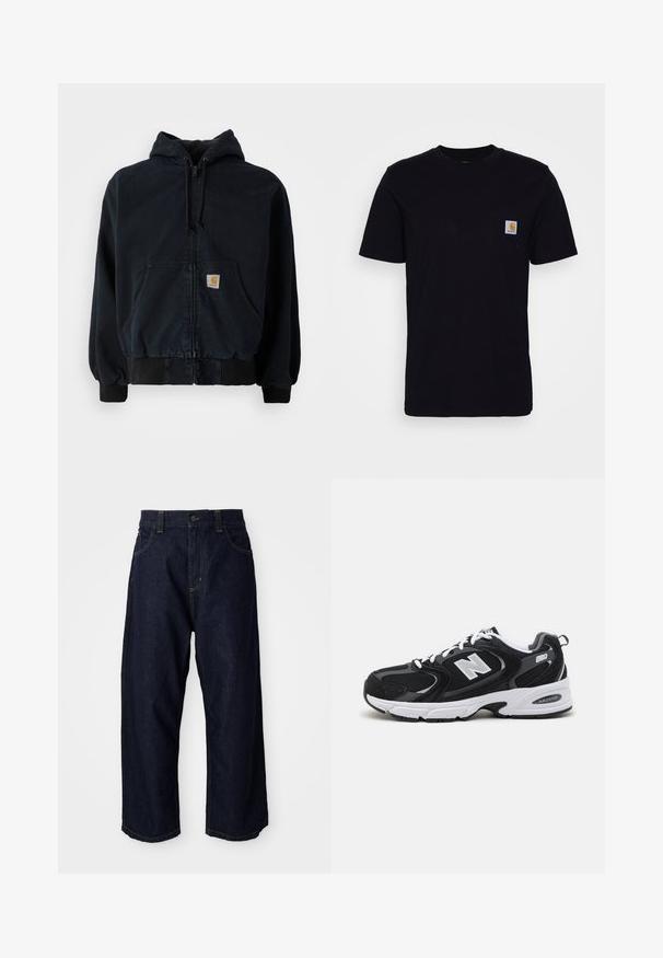 Schwarze Zip-Hoodie mit Fronttaschen, Kordelzugkapuze, gerippten Bündchen und Saum, mit einem kleinen rechteckigen gelben Logo-Patch auf der Tasche.; Schwarzes Baumwoll-T-Shirt mit kurzen Ärmeln, rundem Hals und einer Brusttasche, die mit einem kleinen, quadratischen Logo-Patch versehen ist. Einfaches, einfarbiges Design.; Dunkelblaue Jeanshose mit lockerer Passform, ausgestattet mit einem Knopfverschluss, Gürtelschlaufen und gelben Nähten an Taschen und Säumen.; Schwarze und graue Sportschuhe mit Obermaterial aus Mesh und Wildleder, ausgestattet mit einer weißen Zwischensohle, Schnürsenkeln und einem markanten "N"-Logo an der Seite.