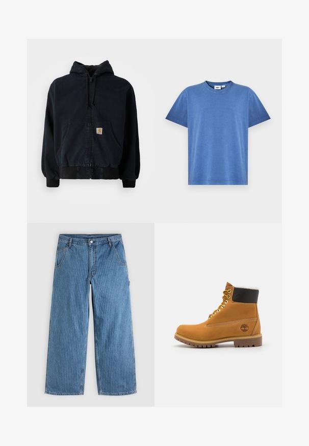 Schwarze Zip-Hoodie mit Fronttaschen, Kordelzugkapuze, gerippten Bündchen und Saum, mit einem kleinen rechteckigen gelben Logo-Patch auf der Tasche.; Blaues Baumwoll-T-Shirt mit Rundhalsausschnitt, kurzen Ärmeln und lockerem Schnitt. Verfügt über eine glatte Textur und minimalistische Nähte.; Blaue Jeans mit weitem Bein und dünnen weißen vertikalen Nadelstreifen, Vordertaschen, Gürtelschlaufen und einem Knopfverschluss in der Taille.; Braune Leder-Ankle-Boots mit Metallösen, weißem Kunstfellfutter, schwarzem gepolstertem Kragen, robustem Sohlenprofil und geprägtem Logo an der Seite.