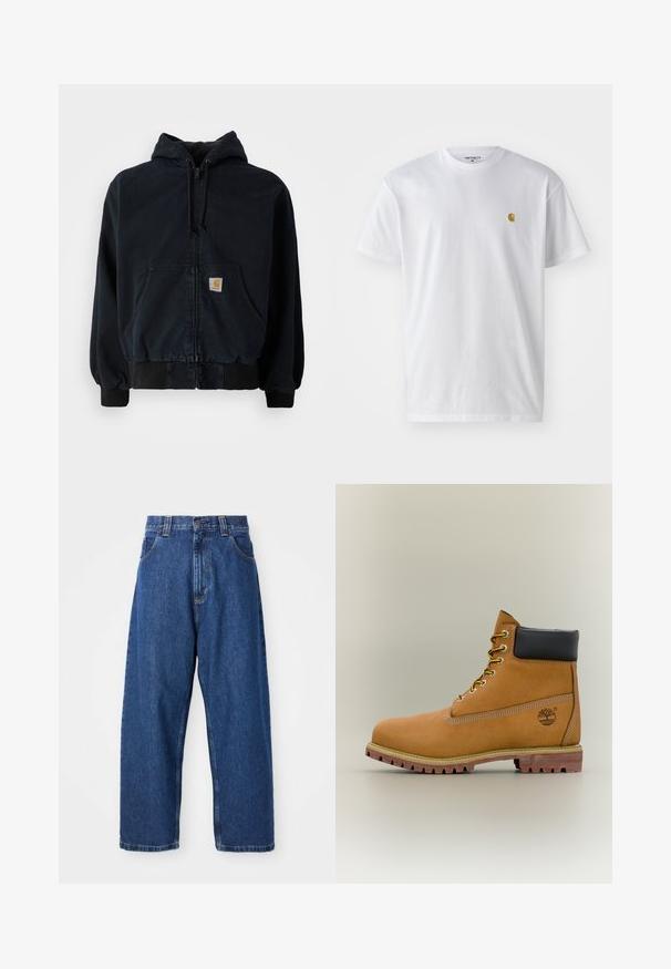 Schwarze Zip-Hoodie mit Fronttaschen, Kordelzugkapuze, gerippten Bündchen und Saum, mit einem kleinen rechteckigen gelben Logo-Patch auf der Tasche.; Weißes Baumwoll-T-Shirt mit kurzen Ärmeln, Rundhalsausschnitt, mit einem kleinen goldenen Logo im linken Brustbereich. Weicher Stoff und normale Passform.; Weite Jeans aus Denim in Dunkelblau. Hohe Taille, Gürtelschlaufen und klassisches Fünf-Taschen-Design. Gestickter Saum mit sauberem Finish.; Brauner Leder-Stiefelette mit schwarzem Kragen, gelben Schnürsenkeln und hellbrauner Sohle. Verfügt über ein Logo und weiße Ziernähe. Robuste Profilsohle.