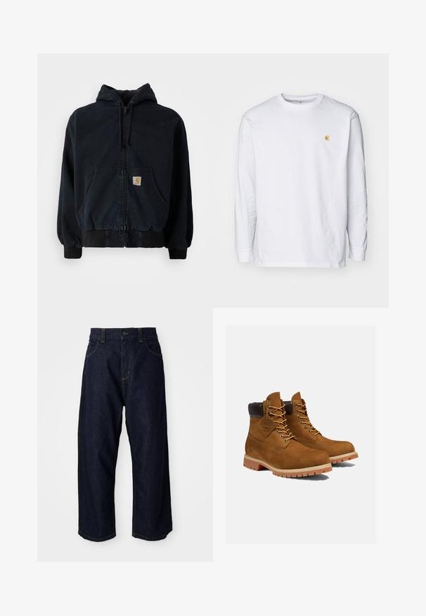 Sort zip-up hoodie med frontlommer, snørelukning i hætten, ribbede manchetter og kant, med et lille rektangulært gult logo-patch på lommen.; Hvid langærmet t-shirt lavet af bomuld. Har et lille gyldent logo på brystet og en rund halsudskæring. Enkel design og standard pasform.; Mørkeblå denimbukser med en afslappet pasform, der har en knapclosure, bæltestropper og gule syninger på lommer og sømme.; Brune ruskinds ankelstøvler med en polstret sort krave, gyldne snørehuller og en tyk gummisål med en mønster, der giver godt greb.