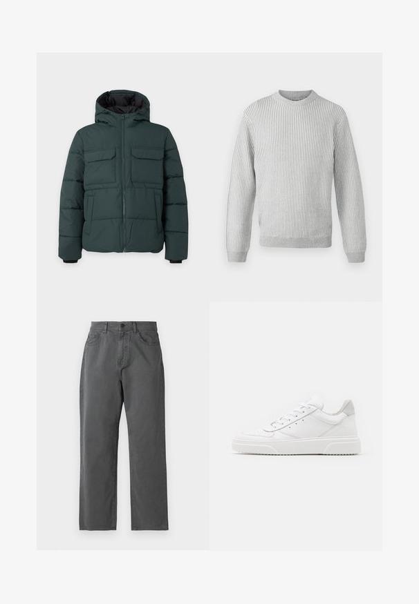 Veste matelassée vert foncé avec capuche, fermeture éclair sur le devant, deux poches poitrine à rabat et deux poches latérales sur un fond clair uni.; Pull en maille côtelée gris clair avec un col rond, des manches longues et un ourlet droit. Fabriqué en tissu doux et texturé.; Pantalon gris foncé à jambes droites avec poches avant, fermeture par bouton, passants pour ceinture et braguette zippée sur un fond uni.; Des baskets en cuir blanc avec une finition lisse, un bout rond, des lacets plats et une semelle texturée. Accents en daim gris au niveau du talon.