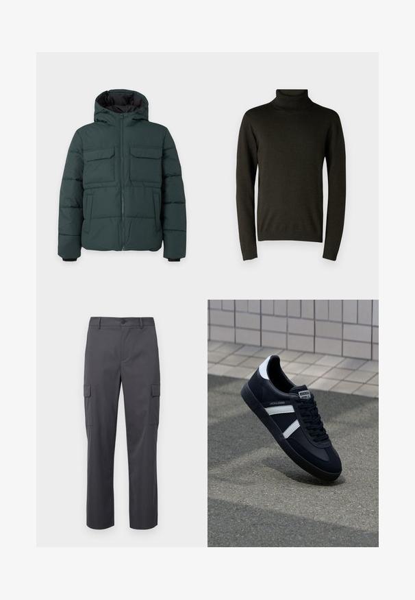Veste matelassée vert foncé avec capuche, fermeture éclair sur le devant, deux poches poitrine à rabat et deux poches latérales sur un fond clair uni.; Pull à col roulé vert foncé en matériau tricot doux, doté de manches longues et de poignets et d'un ourlet côtelés. Texture lisse avec un minimum de détails.; Pantalons cargo gris charbon en tissu lisse, avec une coupe droite, deux poches latérales et une fermeture à bouton à la taille.; Sneaker en cuir noir avec des rayures blanches, semelle en caoutchouc texturée et devant à lacets. Présente une étiquette de marque sur la languette.