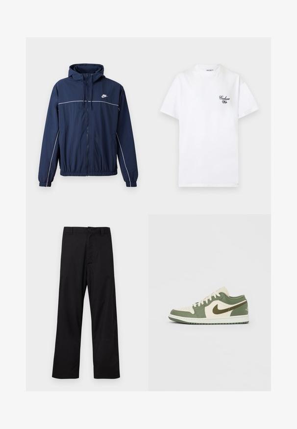 Marineblå hættejakke med hvid accentstripe, lynlåslukning, elastiske manchetter og talje; har et lille Nike-logo på brystet.; Hvid t-shirt med korte ærmer med "Carhartt Wip" logo i sort skrift på venstre bryst og rund halsudskæring.; Sorte bukser med lige ben, knap- og lynlåslukning, bæltestropper, lagt fladt på en lys baggrund.; Lavtop sneaker med creme- og olivengrønne paneler, hvide snørebånd, olivengrøn swoosh og hvid sål på en lys grå baggrund.