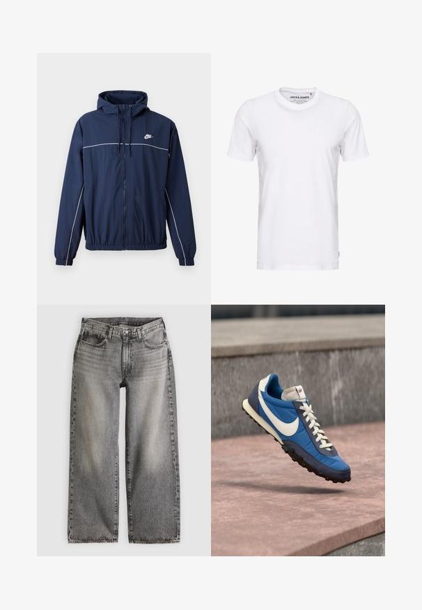 Tumedat sinine kapuutsiga jakk, millel on valge accenttriip, tõmblukuga sulgemine, elastsed varrukaotsad ja vöökoht; rinnal on väike Nike logo.; Valge lühikeste varrukatega T-särk, mis on valmistatud puuvillast, ümarate kaelustega ja lihtsa disainiga. Brändi silt on nähtav kaela piirkonnas. Muster või aktsente ei ole.; Laiade säärega teksad tuhmiks musta teksariidest, millel on kõrge vöökoht, viis taskut ja õmbluste ääres peen õmblusdetail.; Sinine ja tumesinine Nike toss valge S-kujuline logoga ja paeltega, hõljumas kivipinnal halli kiviseina taustal.