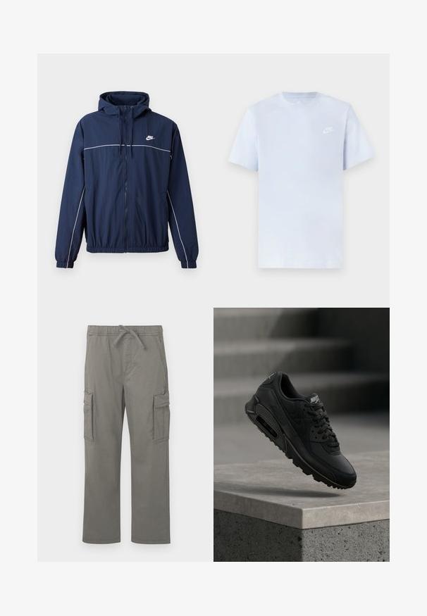 Tumedat sinine kapuutsiga jakk, millel on valge accenttriip, tõmblukuga sulgemine, elastsed varrukaotsad ja vöökoht; rinnal on väike Nike logo.; Hele sinine puuvillane t-särk lühikeste varrukatega, ümar kaelus ja valge Nike logo trükituna vasakul rinnal. Sile tekstuur, lihtne disain.; Hallide sirged cargo püksid elastse vöökohtadega, nööriga, külgmiste klapptaskute ja ees olevate lõike-taskutega, esitatud valgel taustal.; Must Nike Air Max 90 toss ühendab nahast ja võrgumaterjalist detailid, ümarate paelte ja tallal nähtava õhkpadjaga.