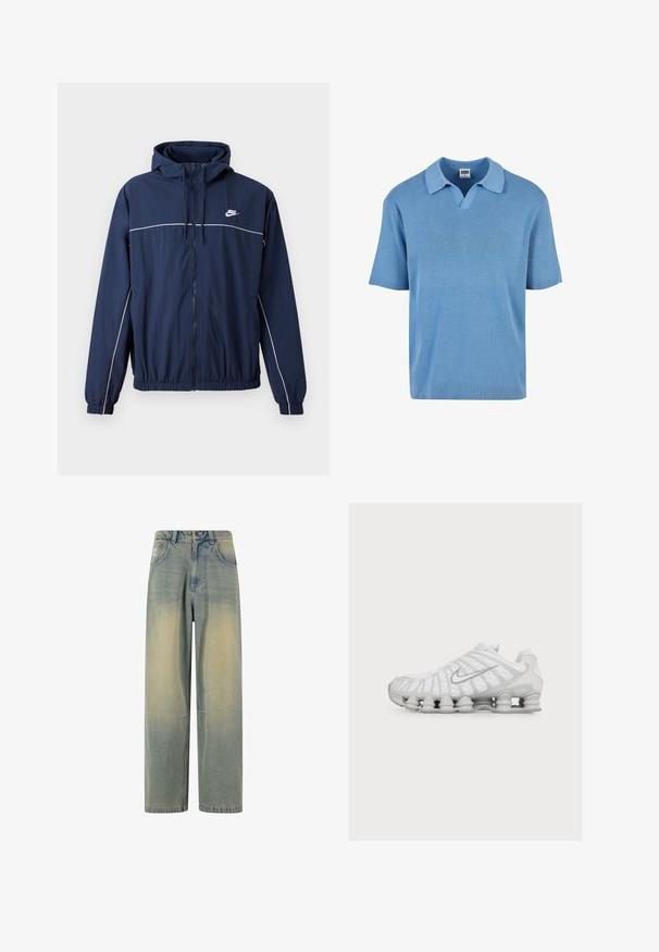 Marineblå hættejakke med hvid accentstripe, lynlåslukning, elastiske manchetter og talje; har et lille Nike-logo på brystet.; Lysblå kortærmet polo-shirt med ribbet struktur, v-halskrave og subtile strikdetaljer over det hele.; Lyseblå denim wide-leg jeans med en falmet gradient, som har fem lommer og en klassisk talje med bæltestropper.; Hvid atletiksko med en unik fjedrende sål og et sølvfarvet Nike Swoosh-logo på siden, vist fra den ydre side.