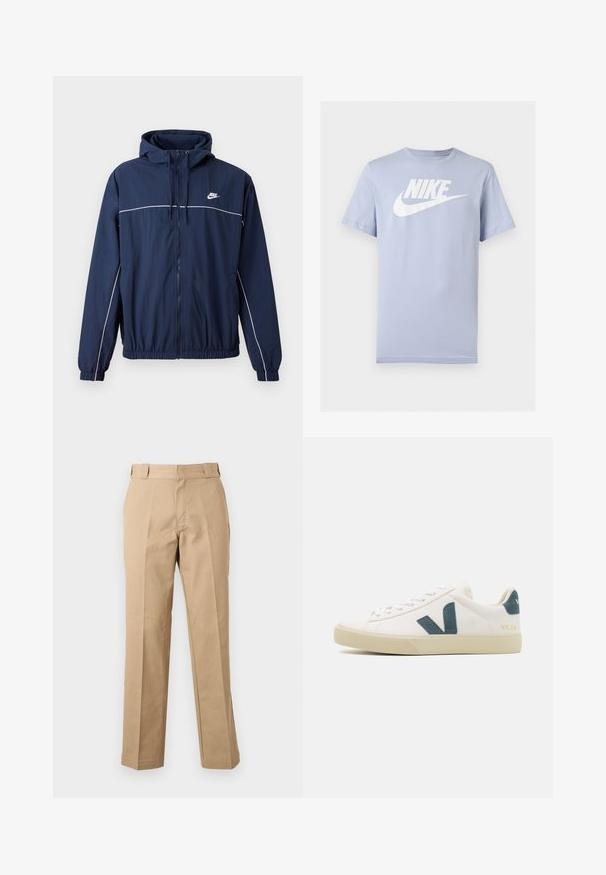 Tumedat sinine kapuutsiga jakk, millel on valge accenttriip, tõmblukuga sulgemine, elastsed varrukaotsad ja vöökoht; rinnal on väike Nike logo.; Helehall sinise lühikeste varrukatega puuvillane T-särk, millel on valge Nike logo ja hambaline kujutis rinnal, esitletud lihtsal taustal.; Beežid sirge säärega püksid vööaasadega, eesmine tõmblukk ja pressitud voldid, näidatud valgel taustal.; Valge nahkne spordijalats, millel on teal värvi seemisnahast logo, ümmargune varvas, nööbiga disain ja kummist tallad, millel on tekstuuriga detailid. Brändi nimi "VEJA" kuldses värvuses.