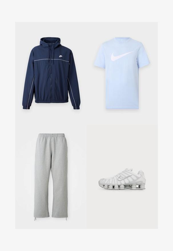 Marineblå hættejakke med hvid accentstripe, lynlåslukning, elastiske manchetter og talje; har et lille Nike-logo på brystet.; Lyseblå T-shirt med korte ærmer og en stor hvid Nike swoosh-logo midt på forsiden mod en ensfarvet baggrund.; Grå sweatpants med elastisk talje, lige ben og snoretræk ved kanten. Fremstillet af blødt, struktureret stof.; Hvid Nike sneaker med karakteristisk bølget design og fjederlignende polstring under sålen, set fra siden på en ensfarvet baggrund.