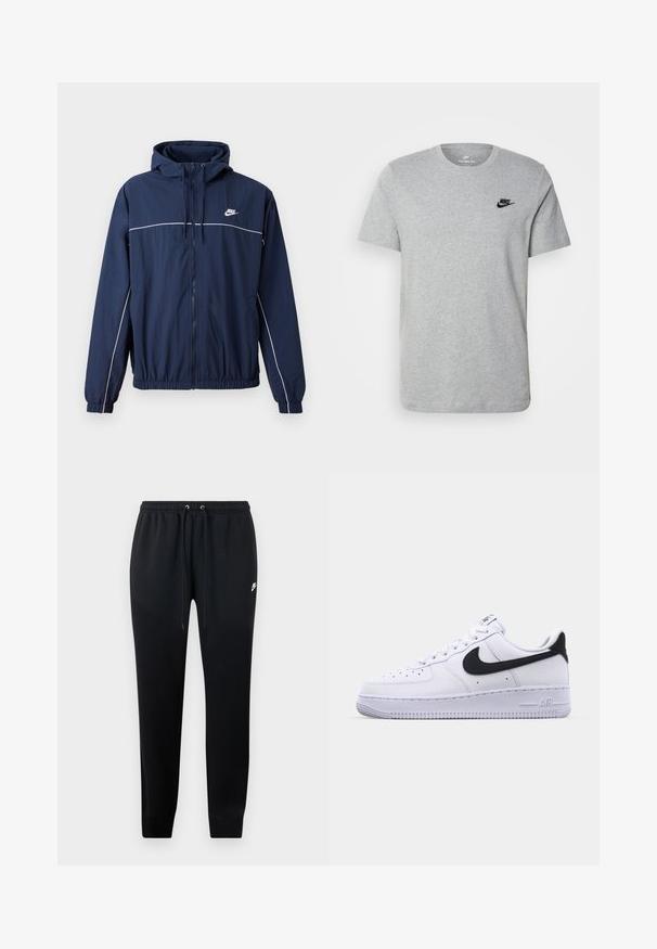 Marineblå hættejakke med hvid accentstripe, lynlåslukning, elastiske manchetter og talje; har et lille Nike-logo på brystet.; Grå kortærmet T-shirt i bomuld med et sort Nike-logo på brystet og rund halsudskæring. Minimalistisk design uden mønstre.; Sorte sweatshirtbukser lavet af blødt stof, med elastisk talje og snoretræk, ribbede ankler og en lille logo-detalje på siden.; Hvide lædersneakers med en struktureret sort Swoosh, flade snørebånd og en gummisål med et rillemønster. "AIR" er præget på hælen.