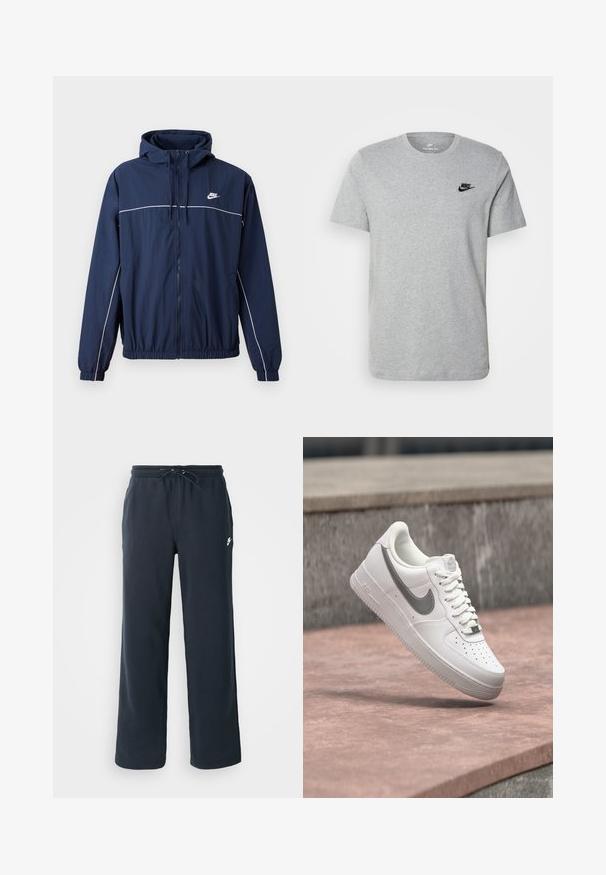 Tumedat sinine kapuutsiga jakk, millel on valge accenttriip, tõmblukuga sulgemine, elastsed varrukaotsad ja vöökoht; rinnal on väike Nike logo.; Halli lühikeste varrukatega T-särk, mis on valmistatud puuvillast ja millel on rinnal must Nike'i logo ning ümar kaelus. Minimalistlik disain, ilma mustriteta.; Tumedast meresinised dressipüksid elastse vöökoha ja nööriga. Valmistatud pehmest kangast, vasakul puusal väike valge logo.; Valge Nike Air Force 1 toss hallika Nike logoga, hõljumas kivil pinnal ja halli kivitahvli taustal.