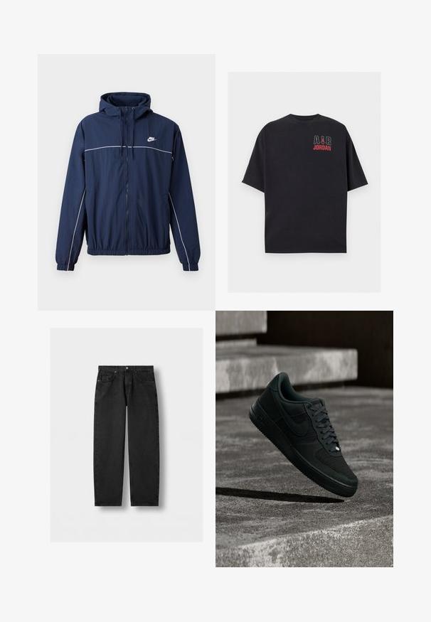 Tummansininen hupullinen takki, jossa on valkoinen korostusraidalla, vetoketju, joustavat hihansuut ja vyötärö; takissa on pieni Nike-logo rinnassa.; Musta lyhythihainen T-paita, jossa valkoinen "AIR"-teksti, punainen Jumpman-logo ja punainen "JORDAN"-teksti ylävasemmalla rinnassa.; Mustat suorat farkut, joissa on etutaskut ja kolikkotasku, napitus ja vyölenkit vaaleanharmaata taustaa vasten.; Musta Nike Air Force 1 -tennari, jossa on verkko- ja nahkakuvioita, leijuu matalassa valaistuksessa teksturoitujen betoniporrasten yläpuolella.