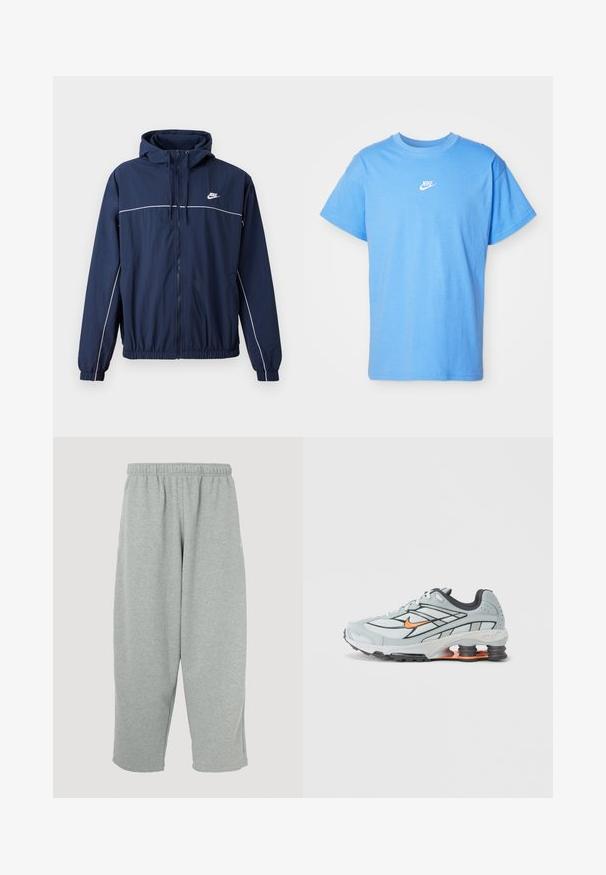 Marineblå hættejakke med hvid accentstripe, lynlåslukning, elastiske manchetter og talje; har et lille Nike-logo på brystet.; Blå bomulds T-shirt med korte ærmer og rund halsudskæring; har et hvidt Nike-logo på brystet. Enkel, lige skåret design.; Lysegrå joggingbukser med elastisk taljebånd, konisk ben-design og blød tekstur. Ingen synligt mærke eller mønstre.; Lyst grå løbesko med sorte detaljer, orange logo, mesh-overdel, polstret krave og gummisål med synlige stødabsorberende enheder.