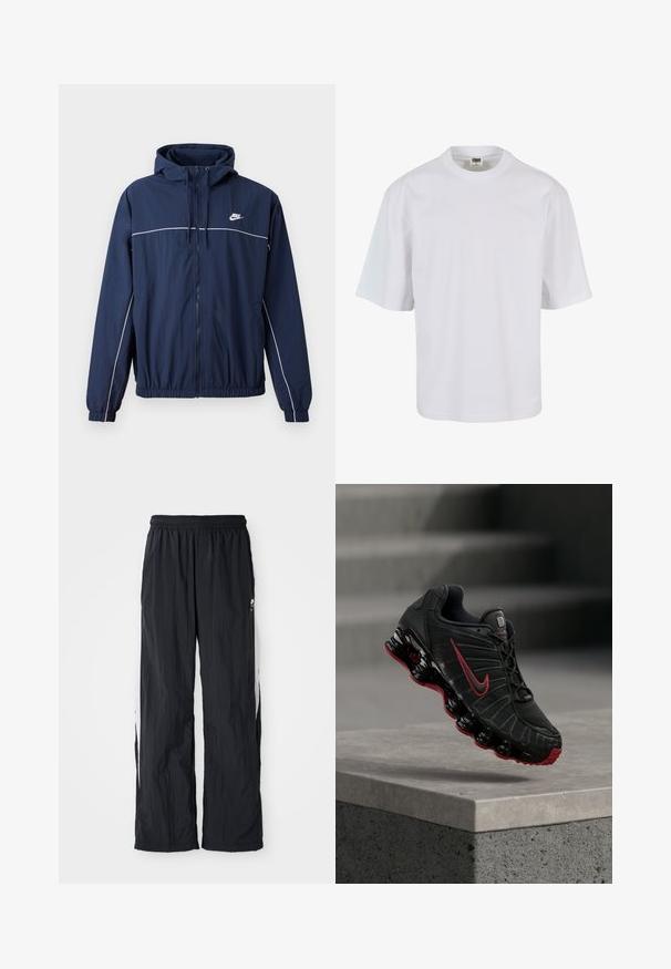 Tummansininen hupullinen takki, jossa on valkoinen korostusraidalla, vetoketju, joustavat hihansuut ja vyötärö; takissa on pieni Nike-logo rinnassa.; Valkoinen, lyhythihainen t-paita, joka on valmistettu puuvillasta. Siinä on pyöreä kaula-aukko ja löysä istuvuus, sileä rakenne sekä ei näkyviä kuvioita tai graafisia elementtejä.; Mustat nailonitreenihousut, joissa on joustava vyötärö, valkoiset sivupaneelit ja hillitty logo-yksityiskohta edessä.; Musta ja punainen Nike-urheilukenkä näkyvällä jousimaisella pohjallisella, tasapainottelee betonisen portaan reunalla.