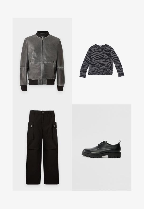 Veste bomber en cuir gris avec fermeture éclair, poignets et col côtelés, et deux poches zippées à l'avant. Texture lisse avec des coutures détaillées.; Pull rayé noir et gris à manches longues, col rond, texture douce et ourlet légèrement court. Confectionné dans un matériau duveteux.; Pantalons cargo noirs en tissu doux, dotés d'une taille élastique, de poches latérales avec rabats et d'une coupe loose à jambes droites.; Chaussure en cuir noir à bout arrondi, présentant un design à lacets, une semelle en caoutchouc noire robuste et un petit onglet de talon à l'arrière.