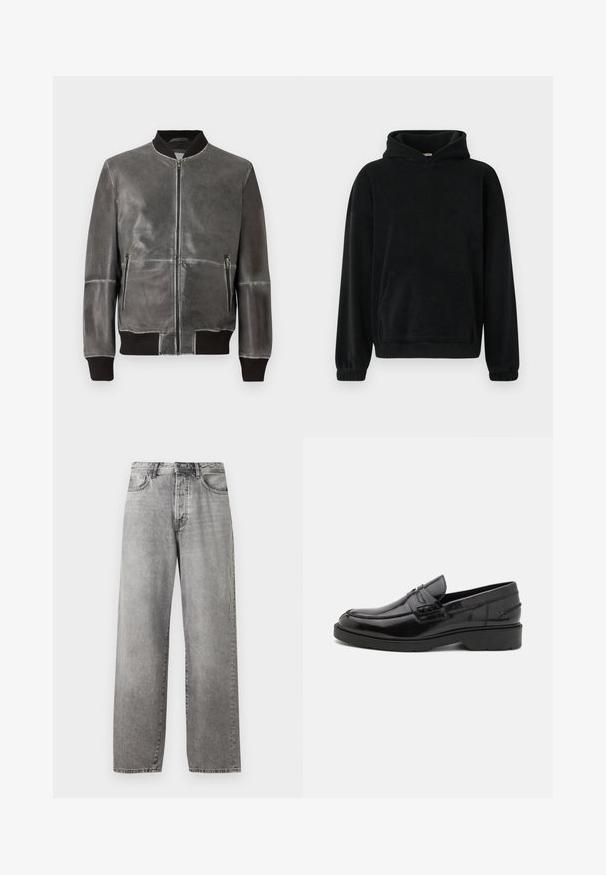 Veste bomber en cuir gris avec fermeture éclair, poignets et col côtelés, et deux poches zippées à l'avant. Texture lisse avec des coutures détaillées.; Sweat à capuche noir en matière polaire douce, avec une poche avant, des manches longues et des poignets côtelés. Design minimaliste, sans motifs visibles.; Jeans larges gris en denim. Présente une taille haute, cinq poches et une fermeture par bouton et zip. Légère décoloration sur le tissu.; Mocassins en cuir noir avec une finition lisse, un bout rond, un petit talon et descoutures décoratives à l'avant. Semelle en caoutchouc pour l'adhérence.