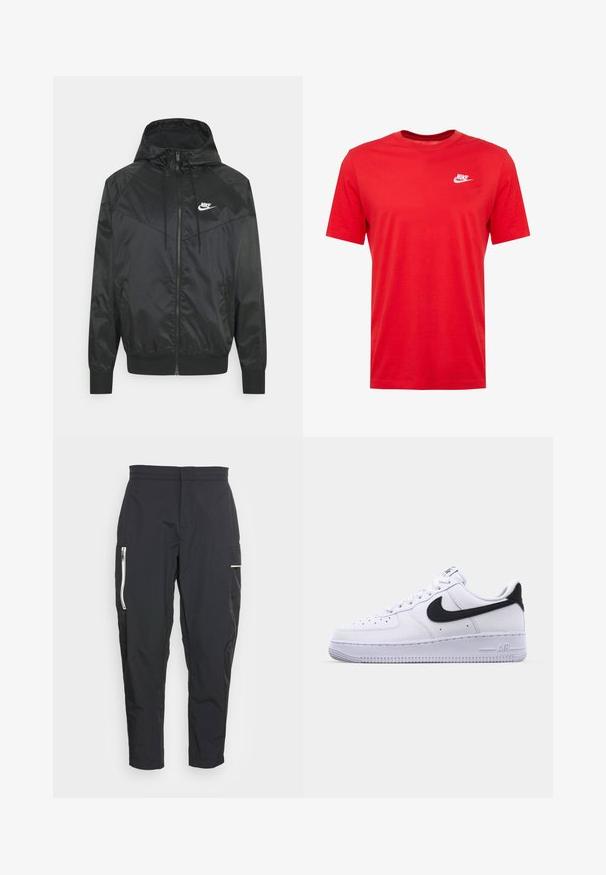 Čierna nylonová bombrová bunda s kapucňou, zipsovým uzáverom, elastickými manžetami a ramennými panelmi. Obsahuje malé biele logo Nike na hrudi.; Červené bavlnené tričko s krátkymi rukávmi a okrúhlym výstrihom, s bielym logom Nike v oblasti ľavého hrudníka. Hladká textúra a ležérny dizajn.; Čierne cargo nohavice z ľahkej tkaniny. Vlastnosti zahŕňajú zipsové postranné vrecká a textúrovaný akcent na stehne. Prispôsobený strih.; Biele kožené tenisky s textúrovaným čiernym Swooshom, plochými šnúrkami a gumovou podrážkou s ryhovaným vzorom. Na päte je embosovaný nápis "AIR".