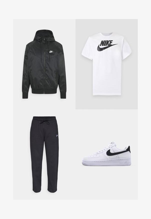 Čierna nylonová bombrová bunda s kapucňou, zipsovým uzáverom, elastickými manžetami a ramennými panelmi. Obsahuje malé biele logo Nike na hrudi.; Biele tričko s krátkym rukávom s čiernym logom Nike a swooshom uprostred na hrudi na jednofarebnom sivom pozadí.; Čierne tepláky vyrobené z mäkkej tkaniny s elastickým pásom, sťahovacou šnúrkou a malým logom Nike na ľavom stehne.; Biele kožené tenisky s textúrovaným čiernym Swooshom, plochými šnúrkami a gumovou podrážkou s ryhovaným vzorom. Na päte je embosovaný nápis "AIR".