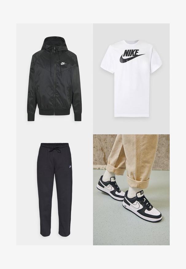 Čierna nylonová bombrová bunda s kapucňou, zipsovým uzáverom, elastickými manžetami a ramennými panelmi. Obsahuje malé biele logo Nike na hrudi.; Biele tričko s krátkym rukávom s čiernym logom Nike a swooshom uprostred na hrudi na jednofarebnom sivom pozadí.; Čierne tepláky vyrobené z mäkkej tkaniny s elastickým pásom, sťahovacou šnúrkou a malým logom Nike na ľavom stehne.; Čierno-biele tenisky Nike Air Force 1 s koženým zvrškom, perforovanou špičkou a textúrovanou podrážkou, kombinované s ohrnutými béžovými nohavicami a bielymi ponožkami.