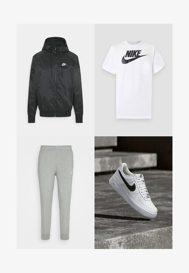 Čierna nylonová bombrová bunda s kapucňou, zipsovým uzáverom, elastickými manžetami a ramennými panelmi. Obsahuje malé biele logo Nike na hrudi.; Biele tričko s krátkym rukávom s čiernym logom Nike a swooshom uprostred na hrudi na jednofarebnom sivom pozadí.; Šedé tepláky z jemnej látky s úzkym strihom, elastickým pásom a malým bielym logom Nike na ľavom stehne.; Biela teniska Nike Air Force 1 s čiernym logom swoosh, zaviazanými šnúrkami, umiestnená vo vzduchu nad textúrovaným betónovým povrchom vonku.