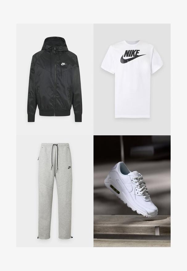 Zwarte nylon bomberjack met capuchon, ritssluiting, elastische manchetten en schouderpanelen. Voorzien van een klein wit Nike-logo op de borst.; Wit T-shirt met korte mouwen met zwart Nike-logo en swoosh gecentreerd op de borst tegen een effen grijze achtergrond.; Grijze Nike trainingsbroek met een verstelbare tailleband, zijzakken en elastische boorden. Heeft een soepele textuur en contrasterende zwarte logo-details.; Witte leren sneaker met gestructureerde oppervlakken, gevoerde kraag en zichtbare luchtbescherming in de zool. Heeft veters en een minimalistisch ontwerp.