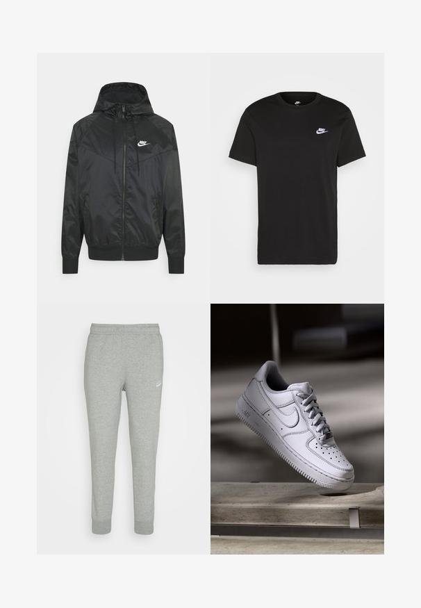 Zwarte nylon bomberjack met capuchon, ritssluiting, elastische manchetten en schouderpanelen. Voorzien van een klein wit Nike-logo op de borst.; Zwart katoen T-shirt met korte mouwen, ronde hals en een klein wit Nike-logo op de bovenste linkerborst. Gladde textuur. Klassieke pasvorm.; Grijze trainingsbroek van zacht materiaal, met een taps toelopend ontwerp, elastische tailleband en klein wit Nike-logo op de linker bovenbeen.; Witte Nike Air Force 1 sneaker van leer met geperforeerde neus, platte veters en een gestructureerde rubberen zool met "AIR"-logo aan de zijkant.