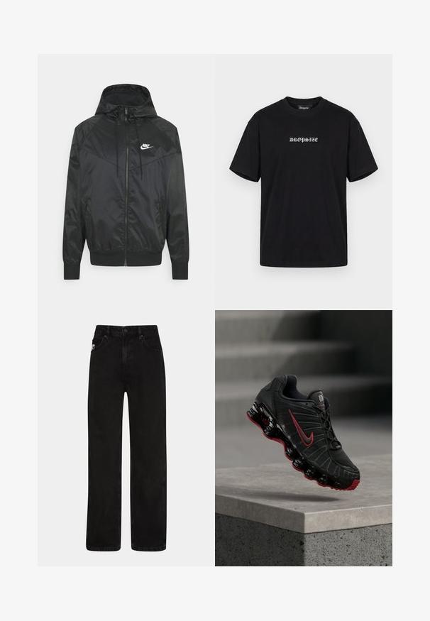 Čierna nylonová bombrová bunda s kapucňou, zipsovým uzáverom, elastickými manžetami a ramennými panelmi. Obsahuje malé biele logo Nike na hrudi.; Čierne tričko s krátkym rukávom s bielym gotickým textom "DROPSIZE" umiestneným v strede na hrudi a okrúhlym výstrihom.; Čierne džíny z denimu so strihom rovného nohavice, obsahujúce predné vrecká, zapínanie na gombík a jemnú nášivku loga na páse.; Čierno-červená športová obuv Nike s viditeľnou pružinovou podrážkou, balansujúca na okraji betónového schodu.