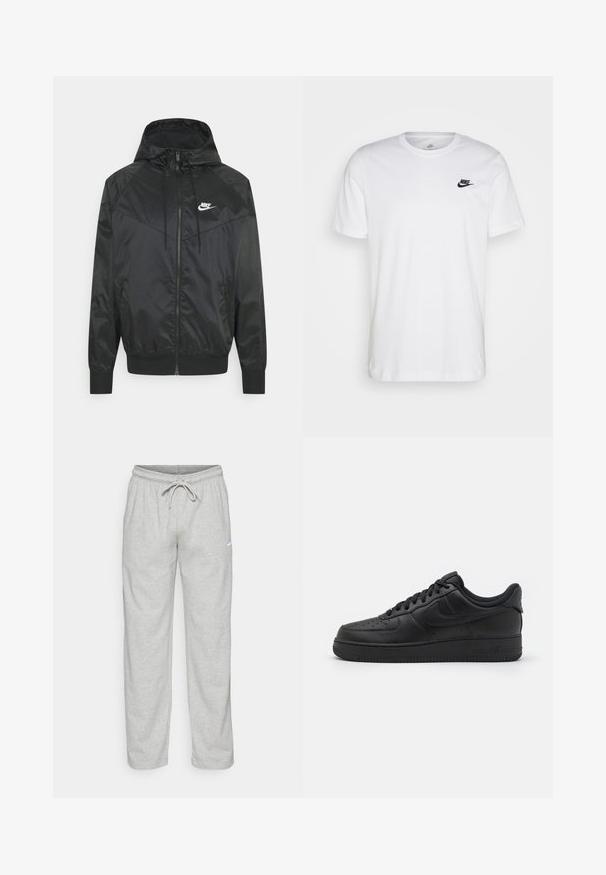 Čierna nylonová bombrová bunda s kapucňou, zipsovým uzáverom, elastickými manžetami a ramennými panelmi. Obsahuje malé biele logo Nike na hrudi.; Biela bavlnená tričko s okrúhlym výstrihom, krátkymi rukávmi a čiernym logom Nike na ľavej hrudi. Jednoduchý, jednofarebný dizajn.; Svetlošedé teplákové nohavice vyrobené z jemného materiálu. Obsahujú elastický pás na šnurovanie a čierne logo Nike na ľavom stehne.; Nike Sportswear AIR FORCE 1 07 FLYEASE - Tenisky - black