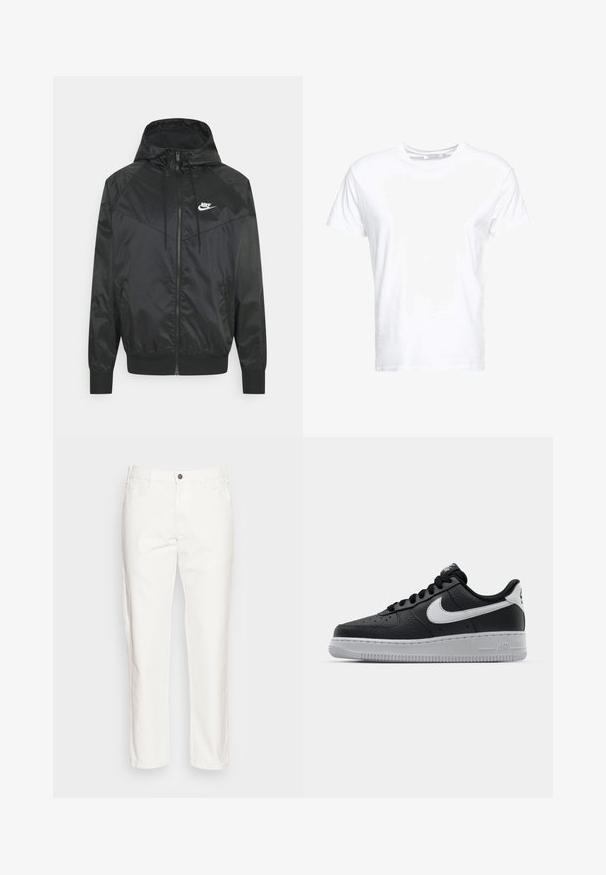 Zwarte nylon bomberjack met capuchon, ritssluiting, elastische manchetten en schouderpanelen. Voorzien van een klein wit Nike-logo op de borst.; Witte katoenen t-shirt met een ronde hals en korte mouwen, in een klassiek model met een gladde textuur. Geen patronen of hardware zichtbaar.; Witte katoenen broeken met een rechte pijp, voorzien van voorzakken, een enkele knoopsluiting en een zachte textuur.; Zwarte lederen sneaker met een textuur oppervlak, witte Nike swoosh, grijze zool, ronde neus en vetersluiting. Bevat perforaties op de neus.