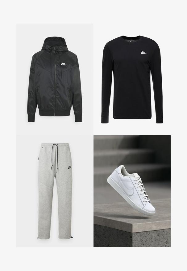 Čierna nylonová bombrová bunda s kapucňou, zipsovým uzáverom, elastickými manžetami a ramennými panelmi. Obsahuje malé biele logo Nike na hrudi.; Čierne tričko s dlhým rukávom vyrobené z bavlny, s okrúhlym výstrihom, rebrovanými manžetami a malým bielym logom Nike na hrudi.; Šedé Nike tepláky so sťahovacím pásom, bočnými vreckami a elastickými manžetami. Majú hladkú textúru a kontrastný čierny logotyp.; Biela kožená teniska so šnúrkami a logom Nike swoosh vznášajúca sa nad betónovým múrikom v exteriéri.