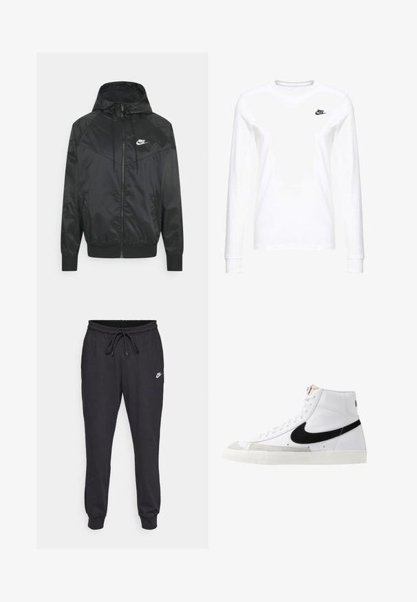 Zwarte nylon bomberjack met capuchon, ritssluiting, elastische manchetten en schouderpanelen. Voorzien van een klein wit Nike-logo op de borst.; Witte lange mouwen T-shirt van katoen, met een klein zwart Nike-logo op de linkerkant van de borst en een ronde halslijn. Gladde textuur.; Zwarte joggingsbroek van een katoenmix, met een elastische tailleband en trekkoord, geborduurde enkels en een wit Nike-logo op de dij.; Witte hoge sneakers met een zwarte swoosh, textuur grijze neus en een vlakke witte zool. Kenmerkt zes veteropeningen en gestikte accenten.