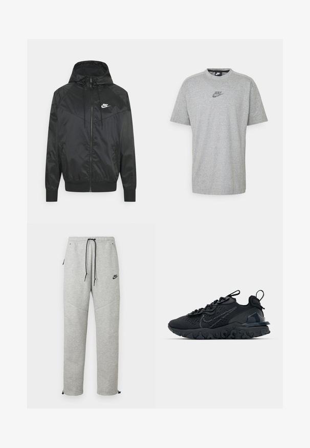 Čierna nylonová bombrová bunda s kapucňou, zipsovým uzáverom, elastickými manžetami a ramennými panelmi. Obsahuje malé biele logo Nike na hrudi.; Sivý krátky rukáv tričko z jemného materiálu, s diskrétnym mnohofarebným logom Nike na hrudi a klasickým dizajnom okrúhleho výstrihu.; Šedé Nike tepláky so sťahovacím pásom, bočnými vreckami a elastickými manžetami. Majú hladkú textúru a kontrastný čierny logotyp.; Čierna atletická topánka s priedušným sieťovaným zvrškom, textúrovanými akcentmi a vlnovou gumovou podrážkou. Obsahuje reflexné logo a systém šnurovania.
